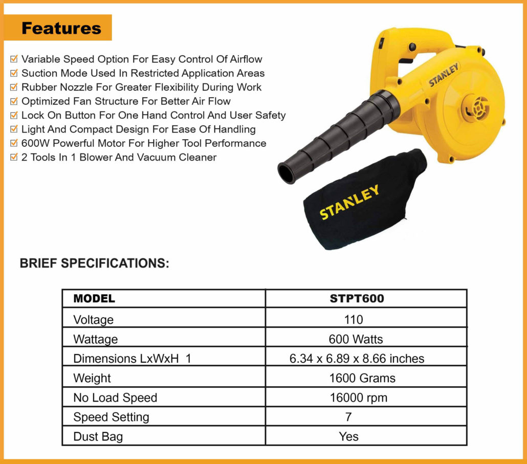 STANLEY VARIABLE SPEED BLOWER 600W - Engineering supplies Ltd